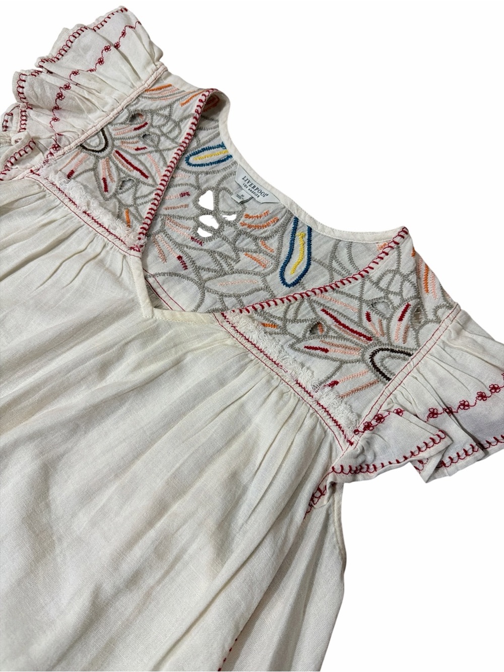 LIVERPOOL Ivory Peasant Blouse with Multicolor Embroidery